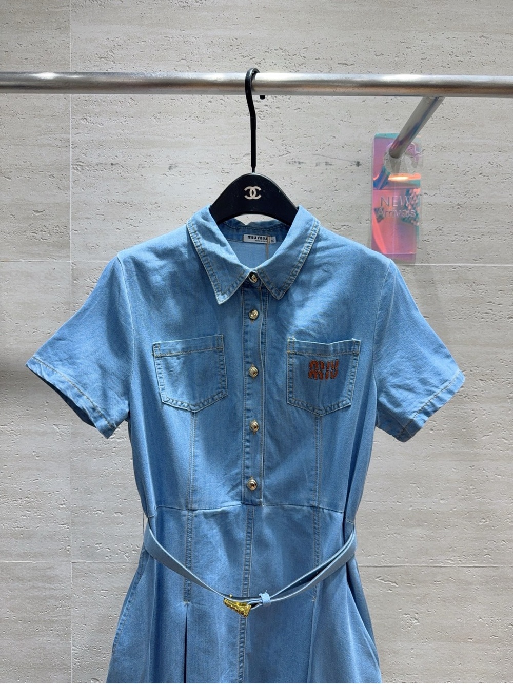 MIUMIU Light Blue Denim Shirt Dress with Belt - Picture 2 of 8